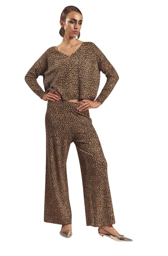 Pantalone calda viscosa, taglio a palazzo ampio elastico in vita