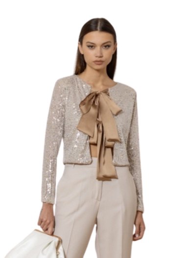 Coprispalle in paillettes, con fiocchi in raso