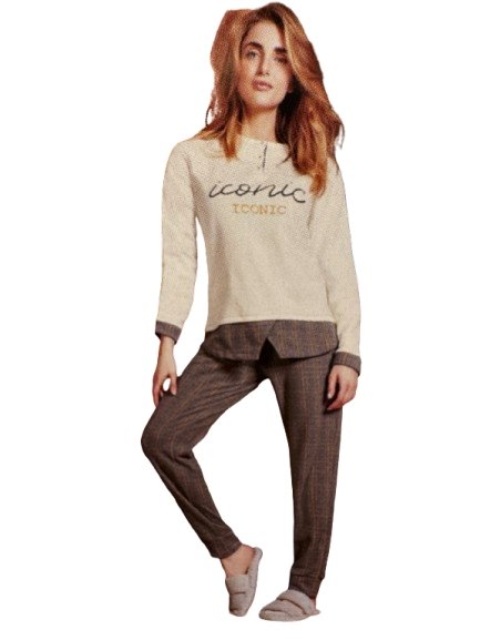Pigiama donna serafino in jacquard, scritta iconic