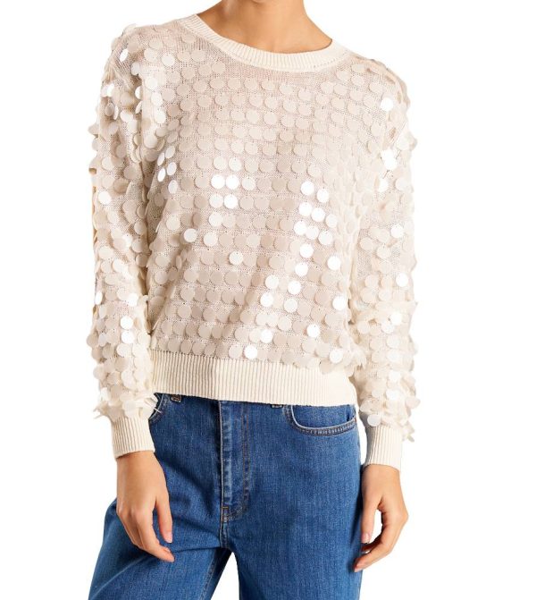 Maglia in misto lino decorata con paillettes grandi tono su tono
