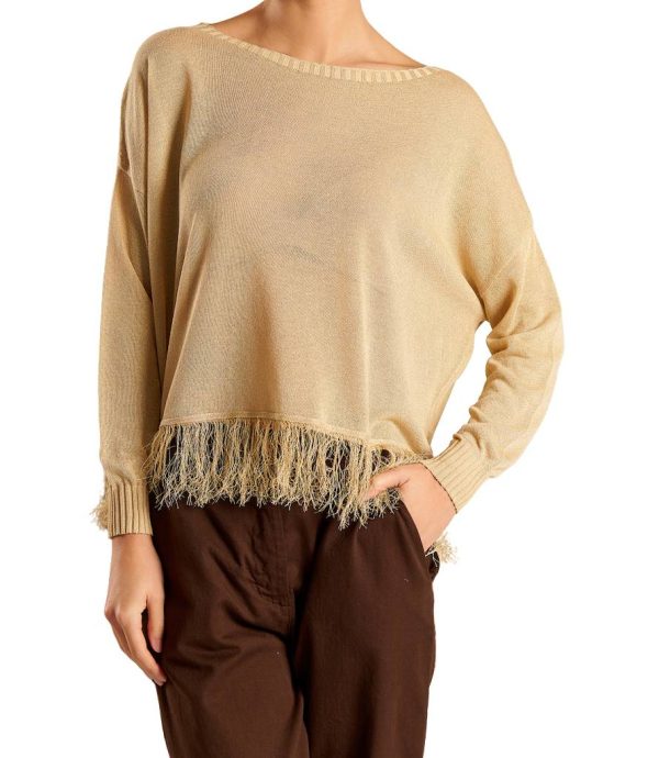 Maglia in lurex con collo a barchetta e frange sul fondo