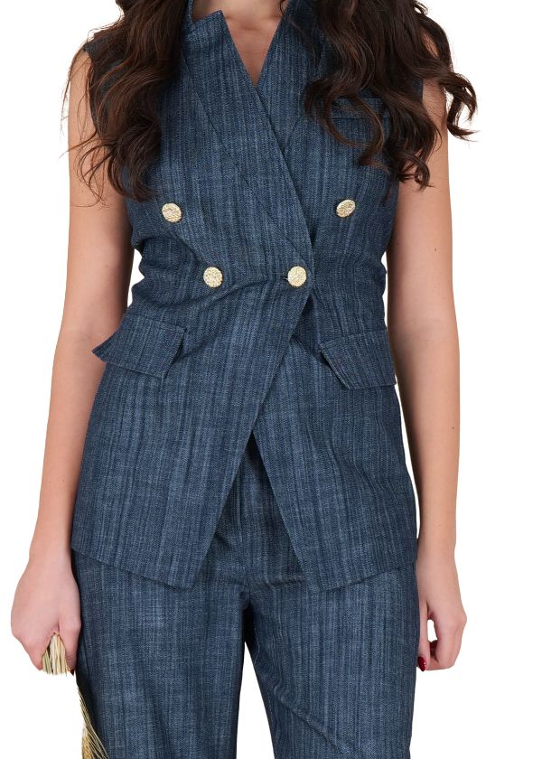 Gilet smanicato jeans scuro doppiopetto