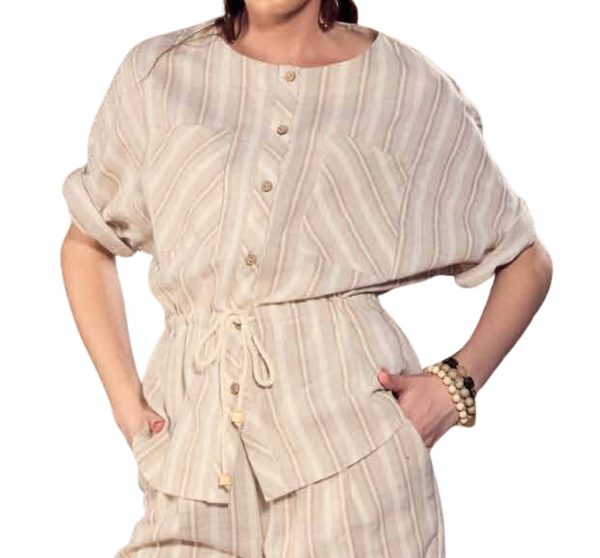 Blusa in puro cotone con bottoni e coulisse in vita