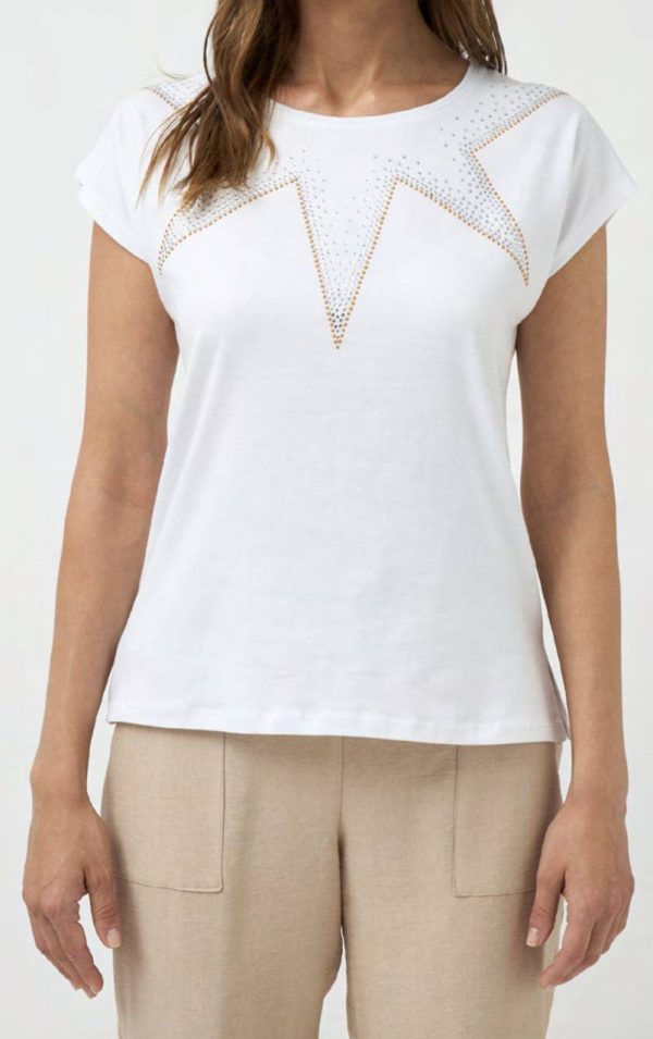 T-shirt tinta unita rifinita con strass a stella intorno al collo