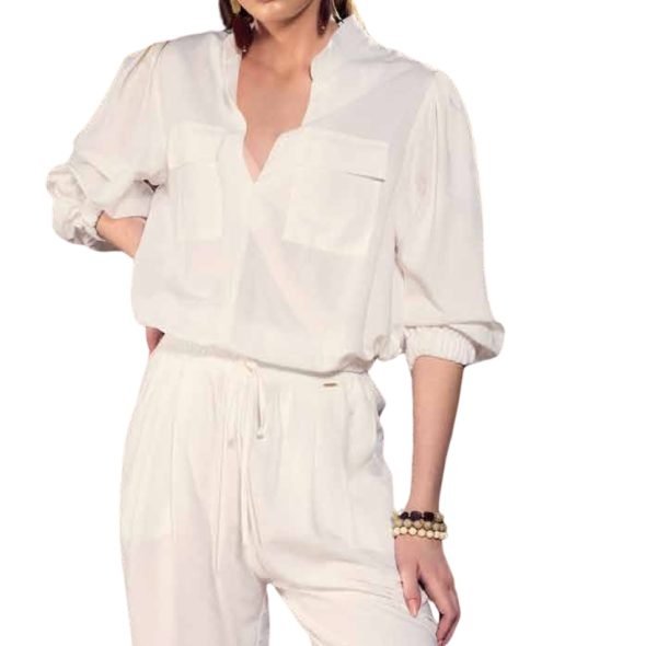 Blusa con tasche, elastico in vita e ai polsi
