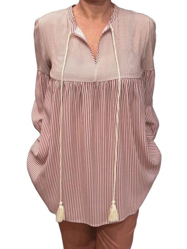 Blusa morbida, manica lunga a palloncino, fantasia righe