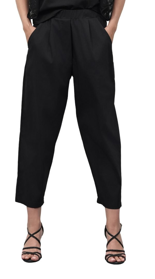 Pantalone cropped nero vita alta elastico in vita in leggerissimo cotone tasche corto alla caviglia