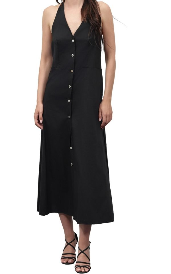 Abito scollo all'americana nero in cotone elasticizzato lungo
