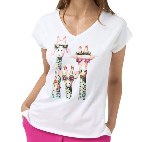 T-shirt Bariloche, scollo ampio a V, con stampa e glitter
