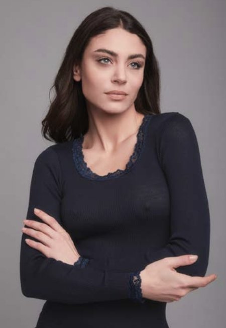 Maglia scollo a U con pizzo, manica lunga, lana e seta a costine