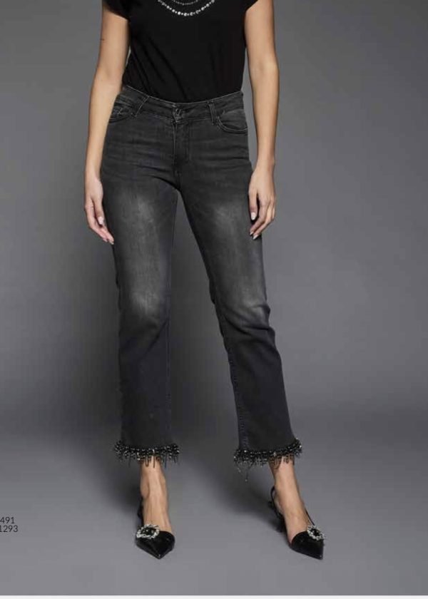 Jeans 5 tasche elasticizzato grigio scuro con dettaglio di punti luce