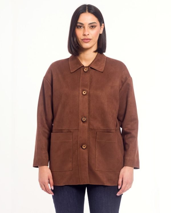 Giacca finta pelle con tasche a toppa colletto bottoni in legno