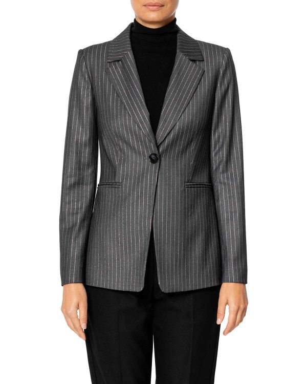 Giacca gessata con filo di lurex argento modello slim monopetto
