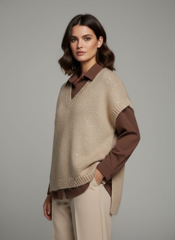 Maglione smanicato collo a v con punti luce