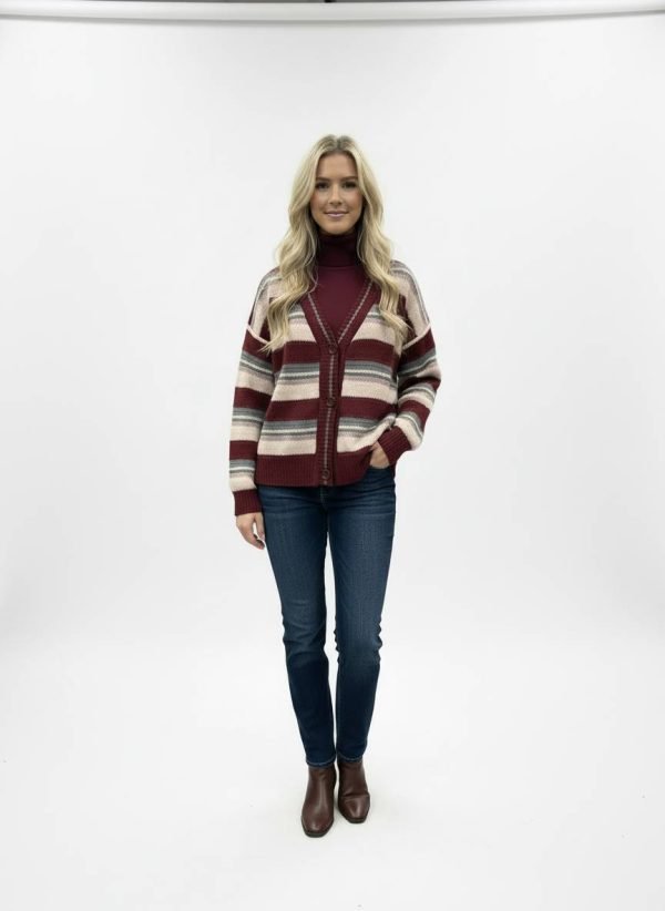 Cardigan a righe in lavorazioni e colori diversi, impreziosito da lurex