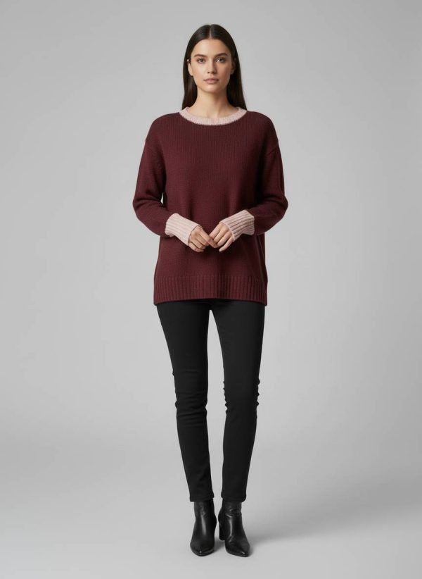 Maglione collo tondo con dettaglio colore a contrasto grigio e bordeaux