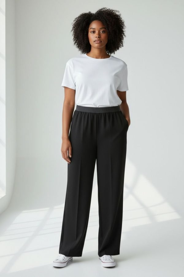 Pantalone nero invernale curvy, modello classico elastico in vita molto ampio, tasche a filo