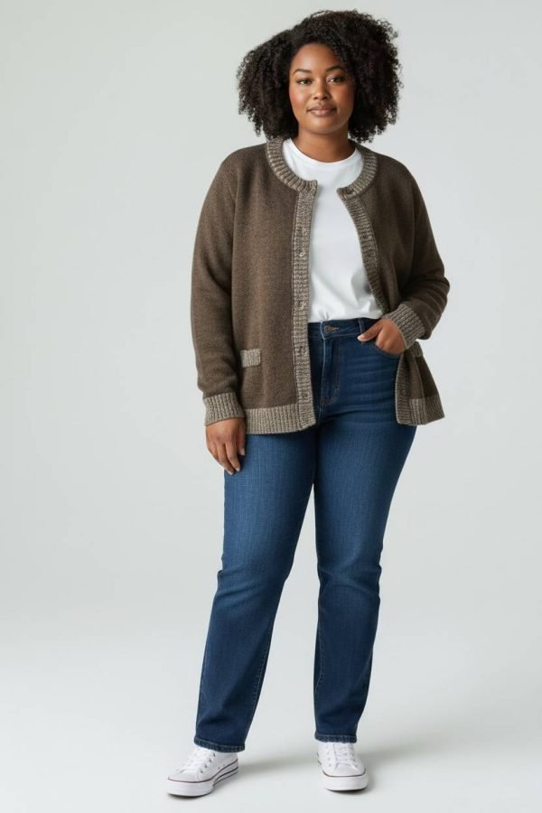 Cardigan in misto lana, con filo di lurex, collo tondo e tasche applicate