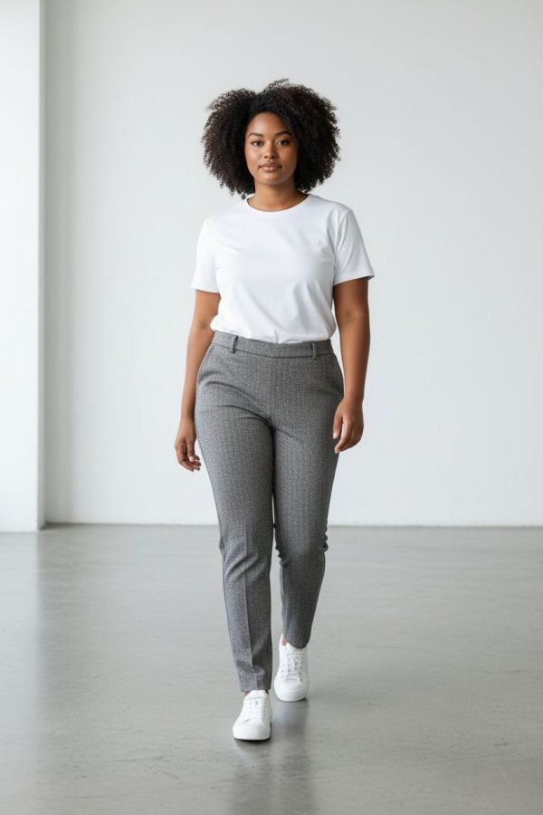 Pantalone a sigaretta classico, con elastico in vita, trama spigata