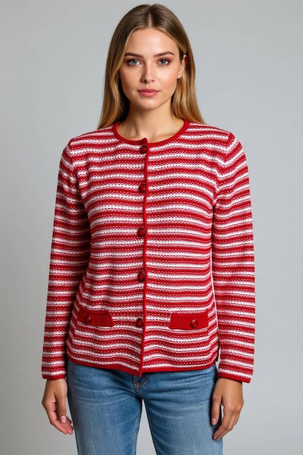 Giacca stile Chanel, rigata, con patte, 100% cotone