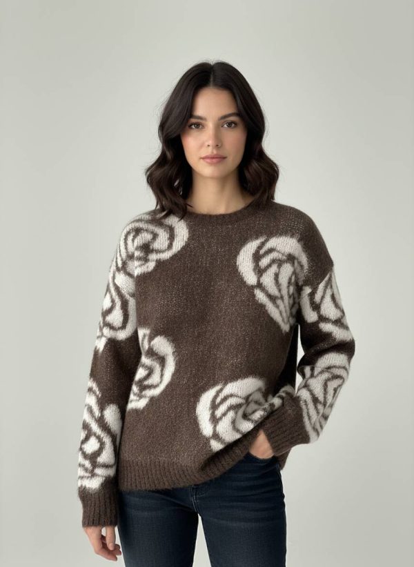 Maglione con stampa di rose, in mista lana e mohair