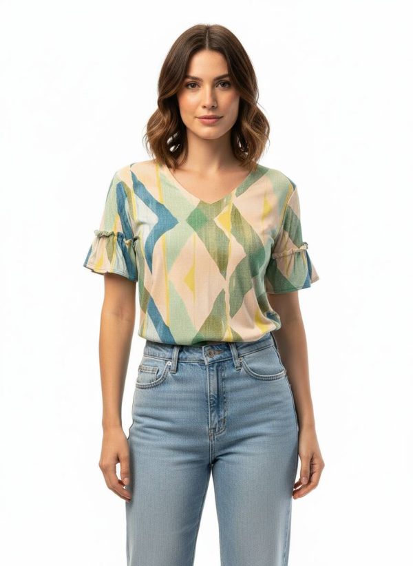T-shirt manica corta scollo a V fantasia