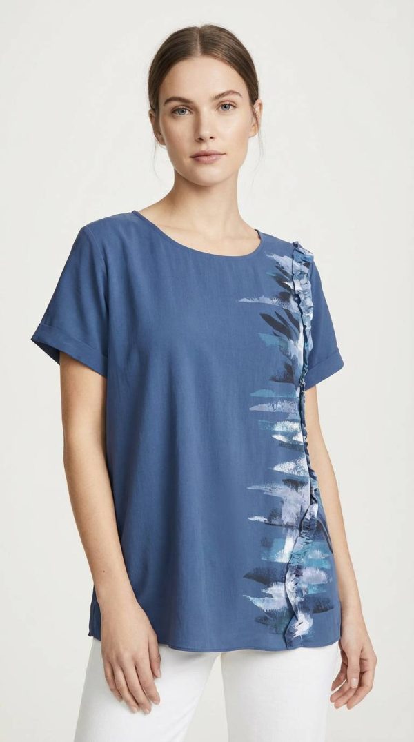 Blusa in cotone a manica corta, scollo tondo, con decoro in pittura