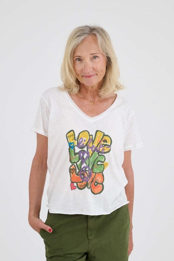 T-shirt in puro cotone, scollo a V, stampa con grafica Love