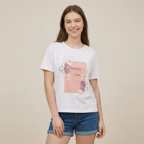 T-shirt in cotone, collo tondo, stampa floreale "sending love"