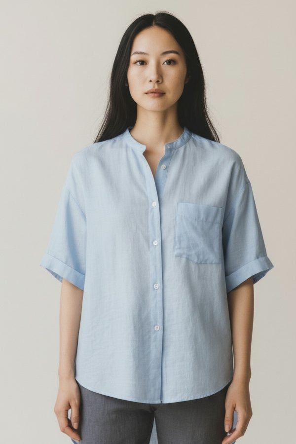 Camicia a manica corta in pura ramia, collo alla coreana, taschino sul petto