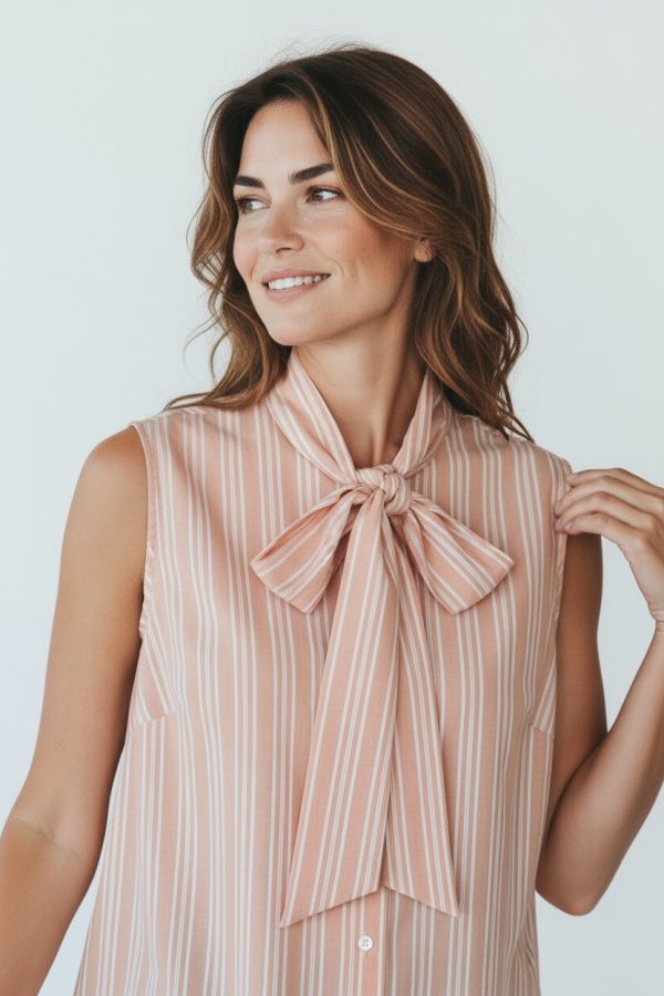 Camicia smanicata con fiocco al collo, fantasia a righe verticali