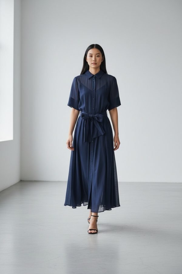 Abito chemisier lungo in chiffon, con sottoveste