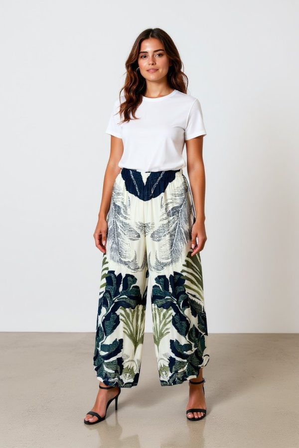 Pantalone in viscosa, modello palazzo, con elastico in vita