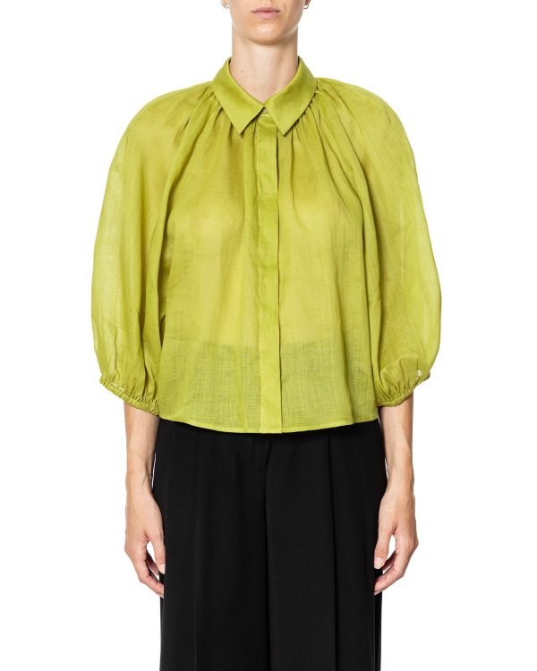 Camicia modello palloncino, con colletto, in garza di lino